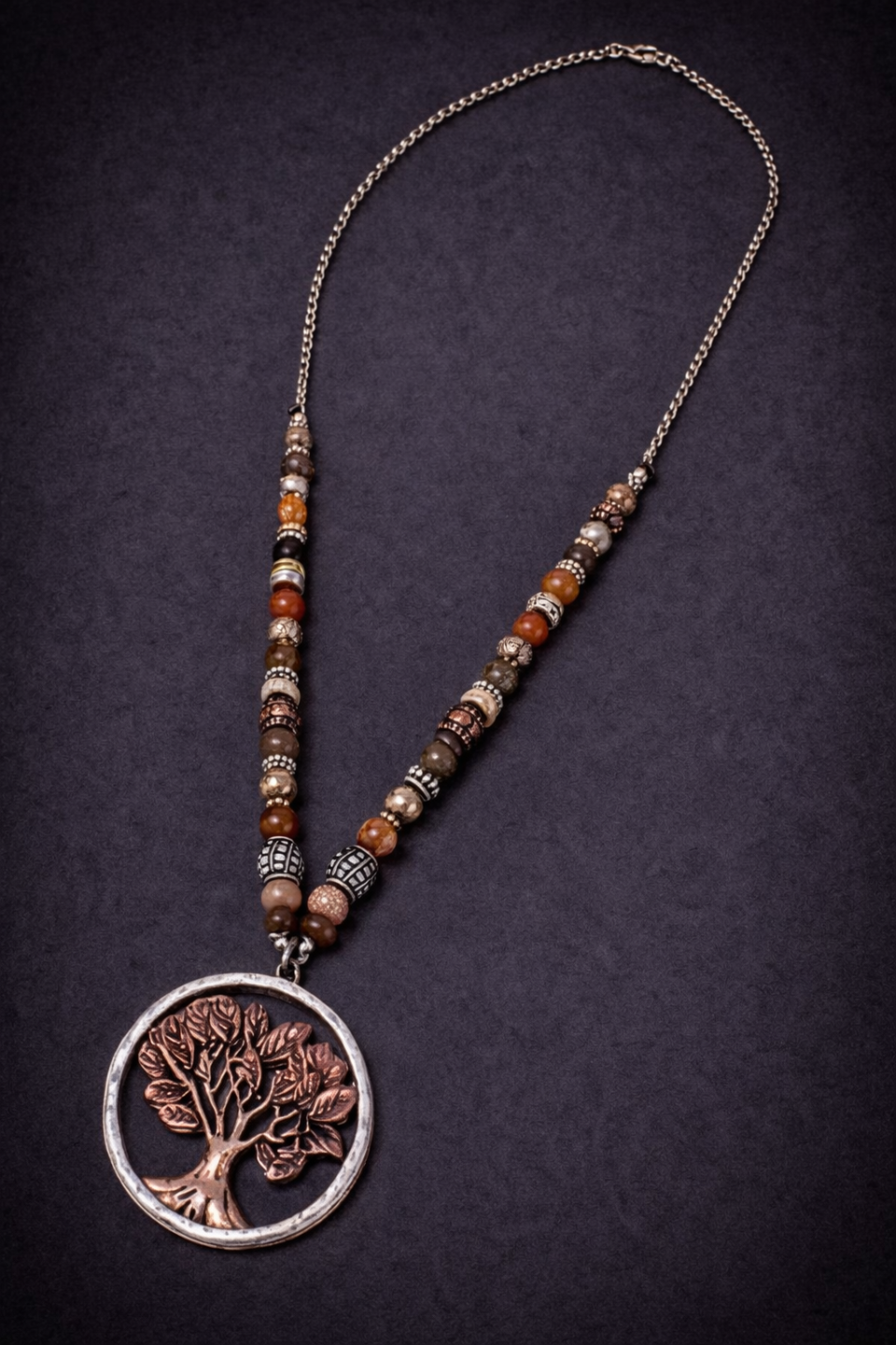 Vintage metal tree of life and semi precious stone bead necklace
