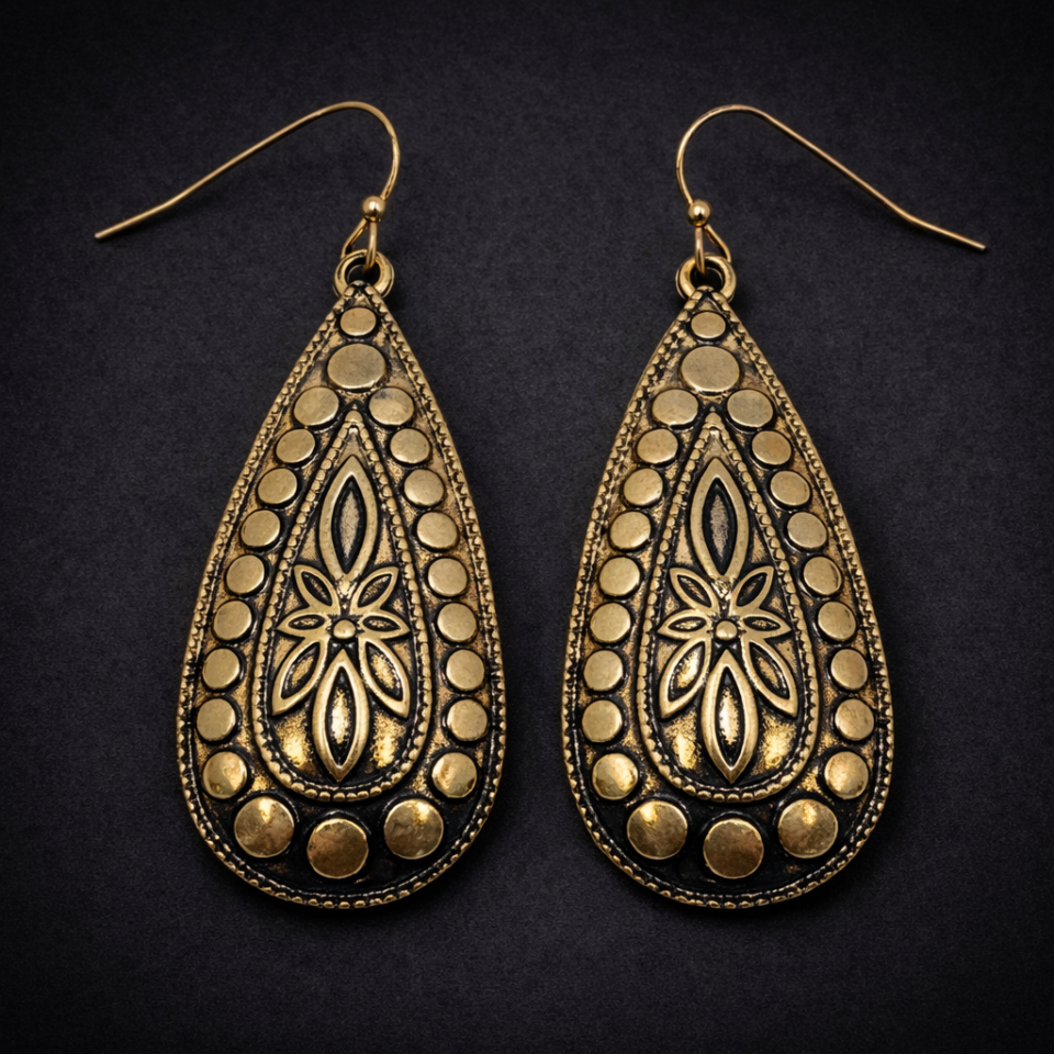 Antique metal textured teardrop earring