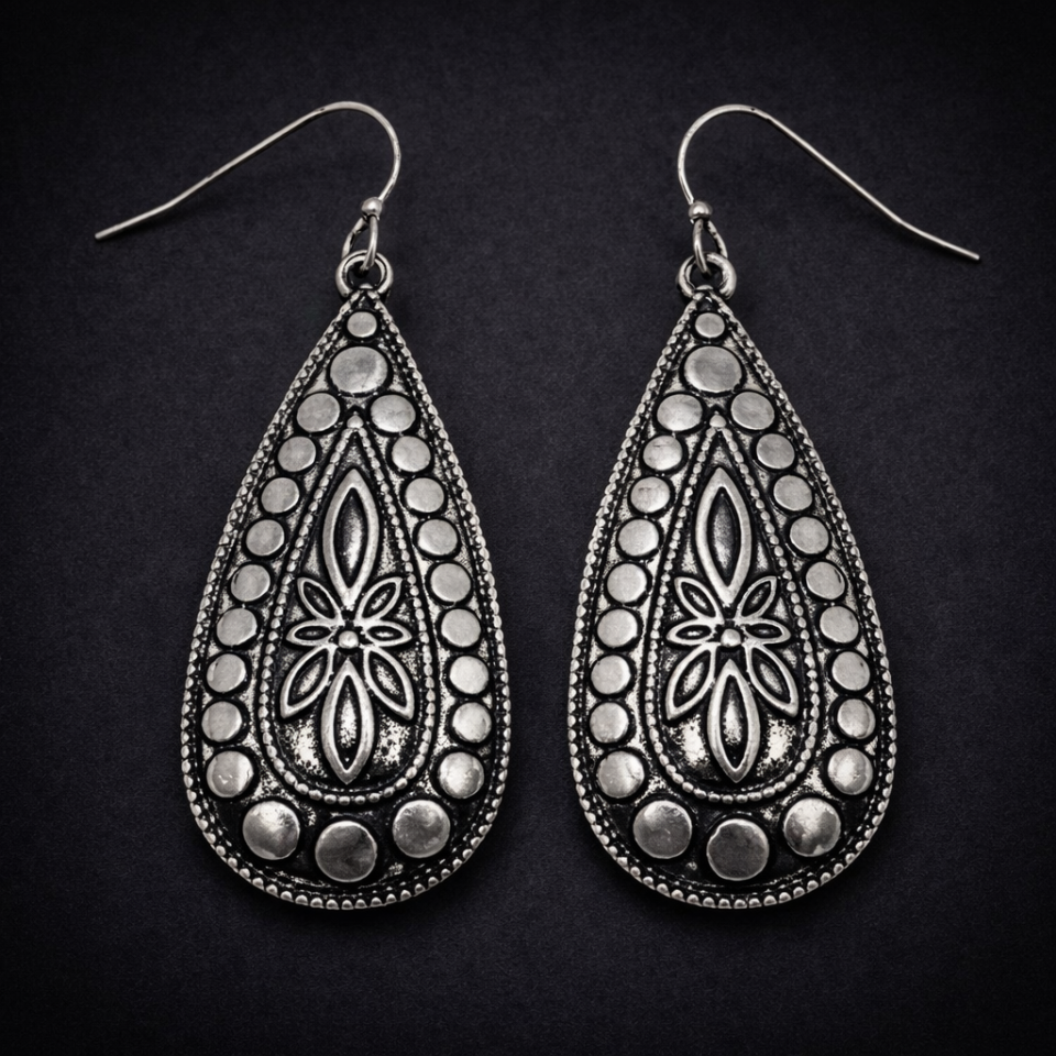 Antique metal textured teardrop earrings