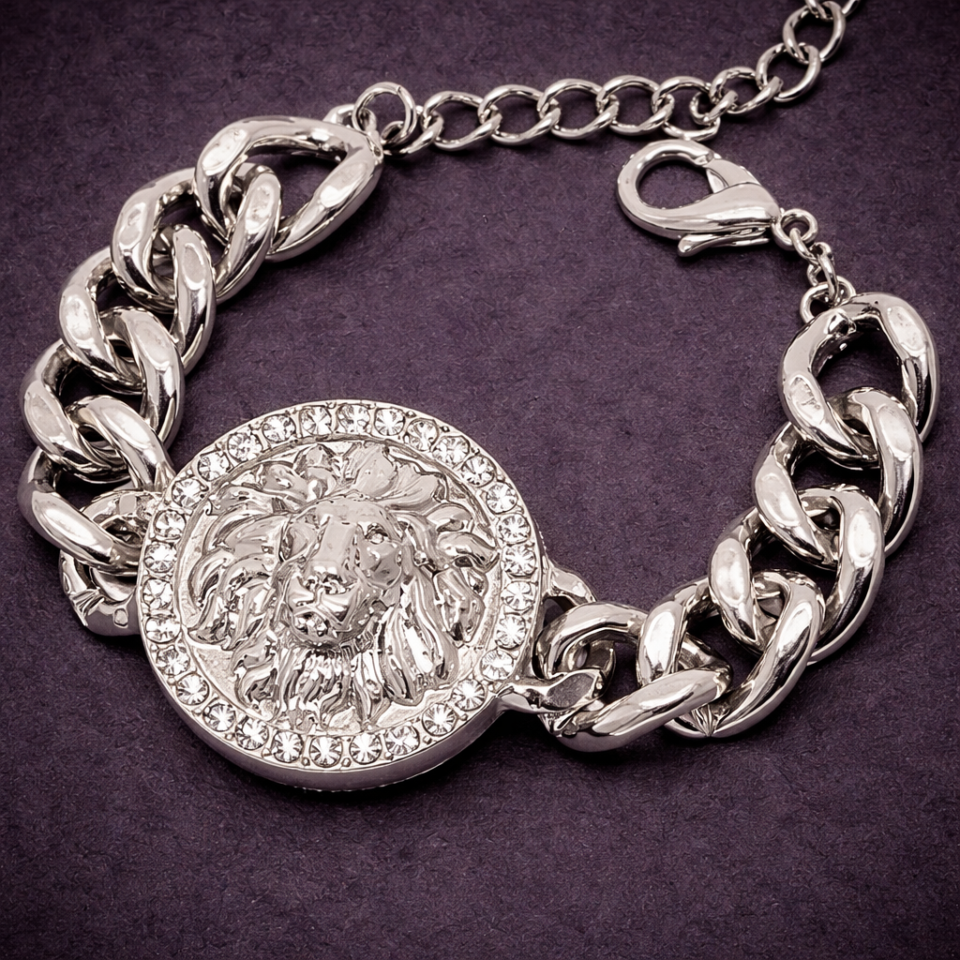 Rihanna style metal round textured lion head chain bracelet