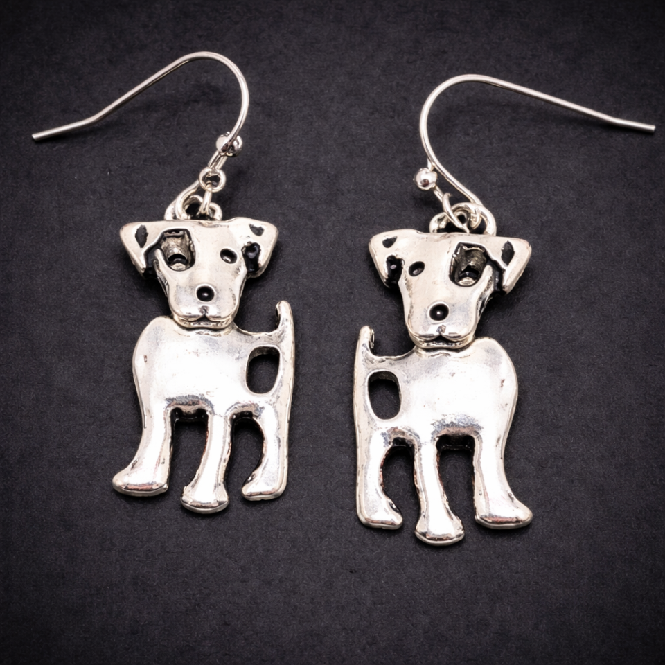 silver tone puppy earrings