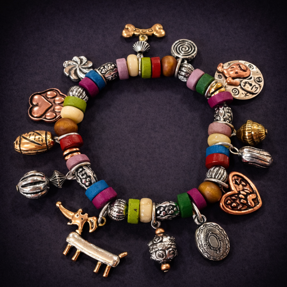 Vintage metal multi charm and bead mix stretch bracelet