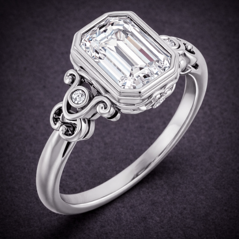 continuum silver moissanite ring with emerald cut center and diamond accents