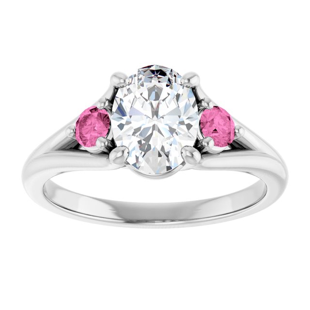 oval moissanite ring in silver with accent pink sapphires