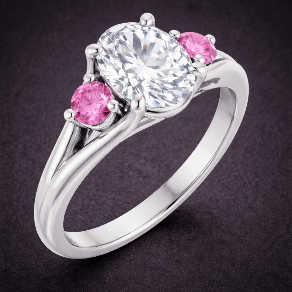 oval moissanite ring in silver with accent pink sapphires