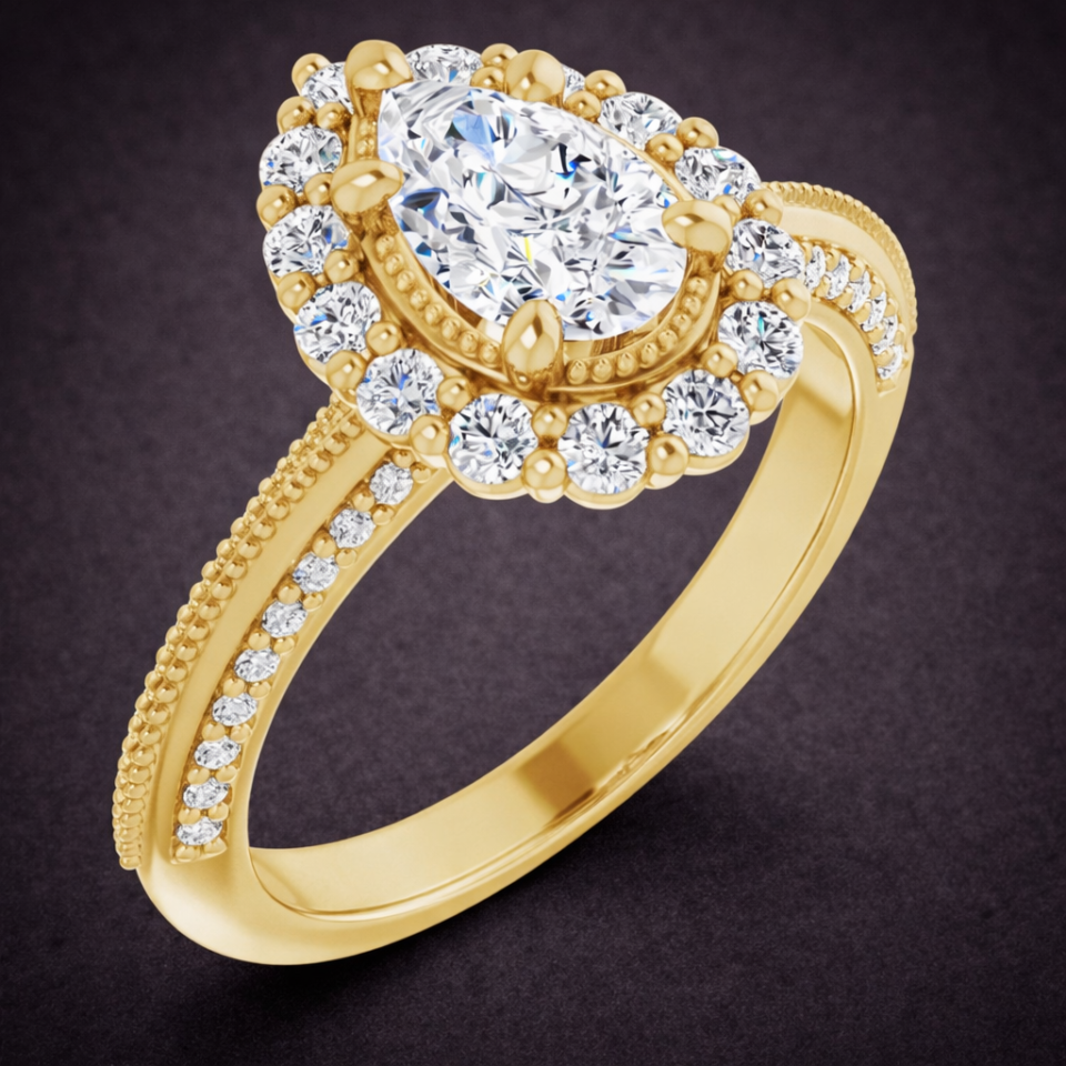 pear moissanite ring in yellow gold with diamond accents