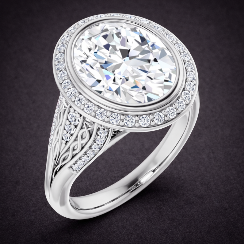 5ct oval moissanite bezel set ring in platinum with diamond accents