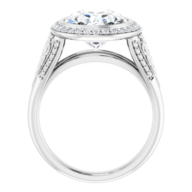 5ct oval moissanite bezel set ring in platinum with diamond accents