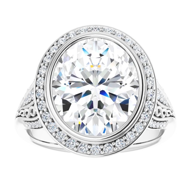 5ct oval moissanite bezel set ring in platinum with diamond accents