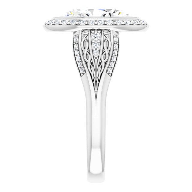 5ct oval moissanite bezel set ring in platinum with diamond accents