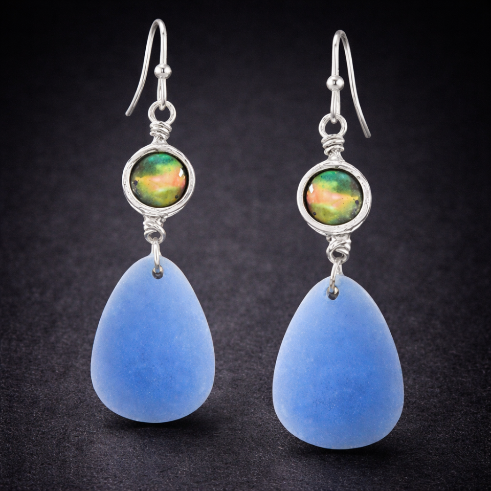 abalone and seaglass teardrop earring