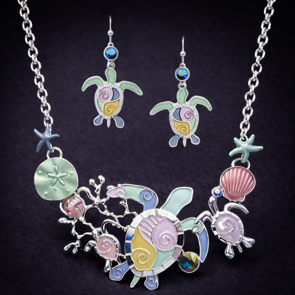 Sealife theme multi epoxy charm link necklace set - turtle