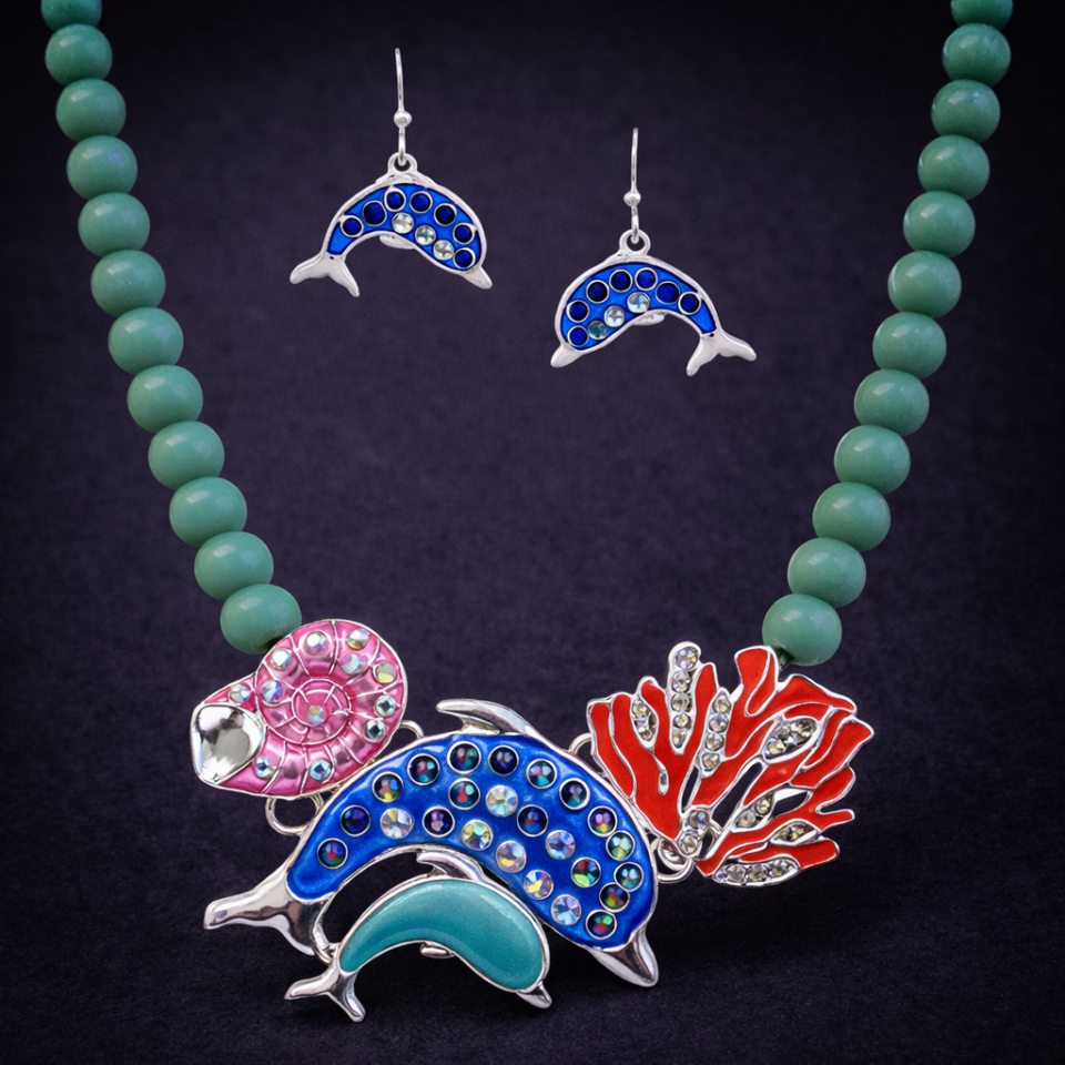 Sealife theme bold color epoxy pendant necklace set - dolphin