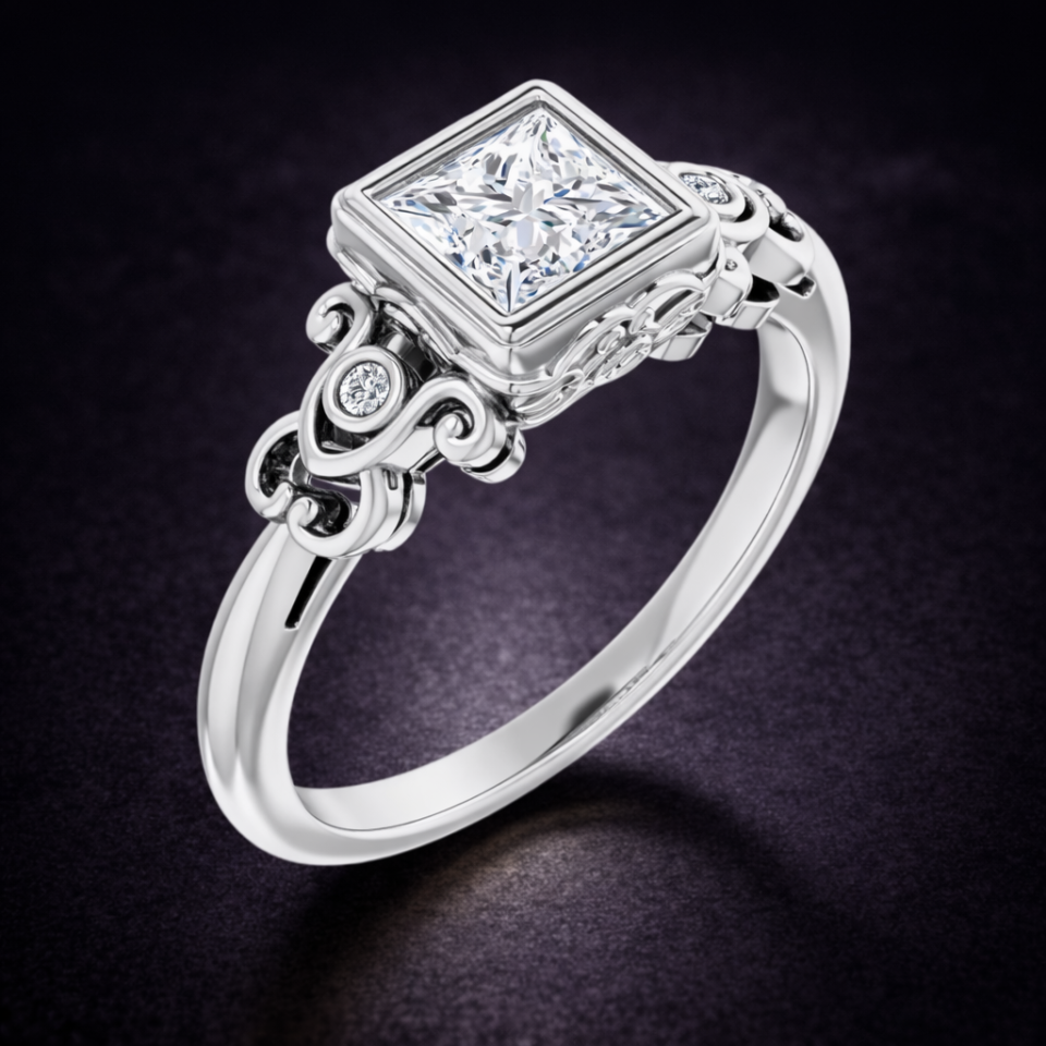 princess cut moissanite ring in continuum silver and bezel set