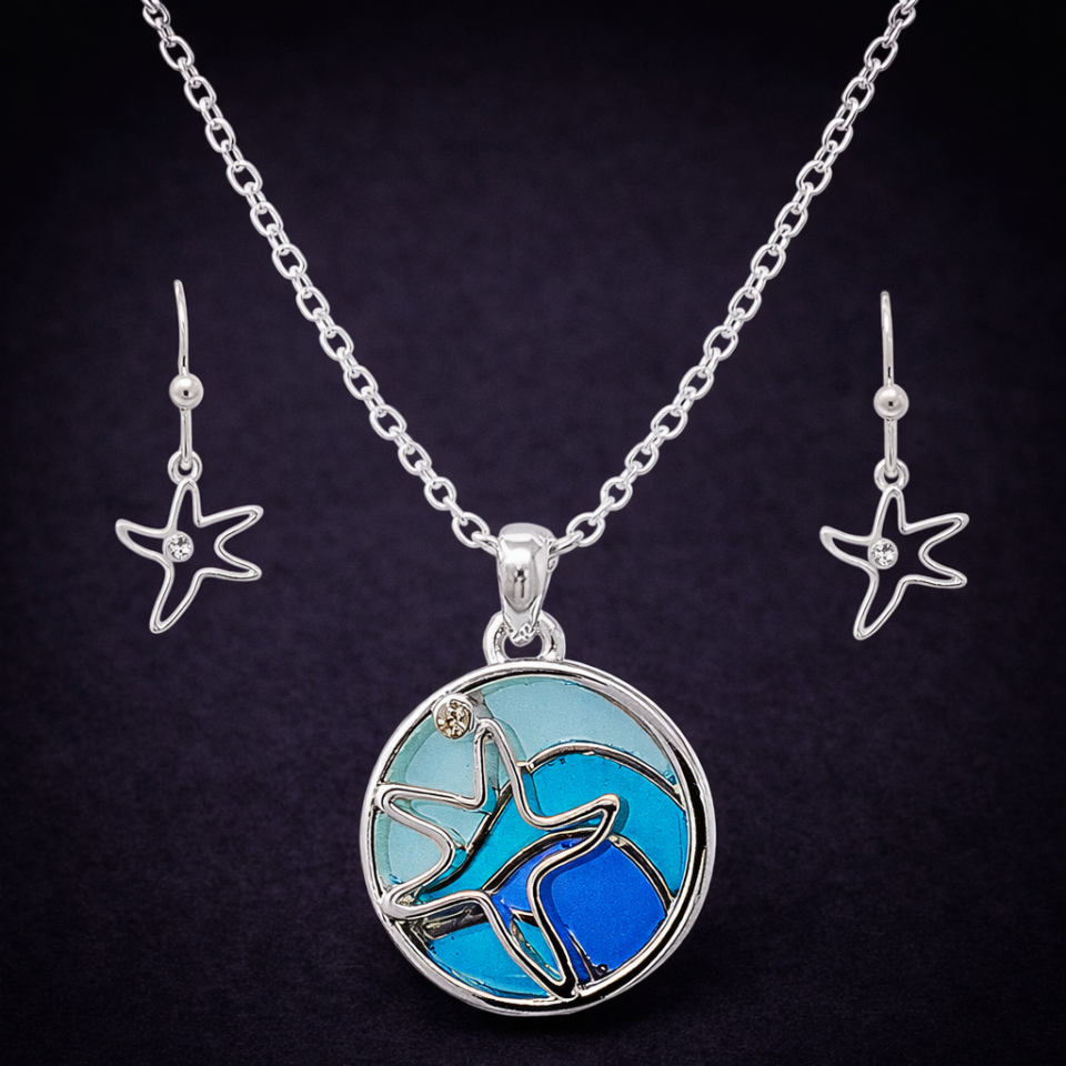 Sealife theme stained glass window inspired mosaic pendant necklace - starfish
