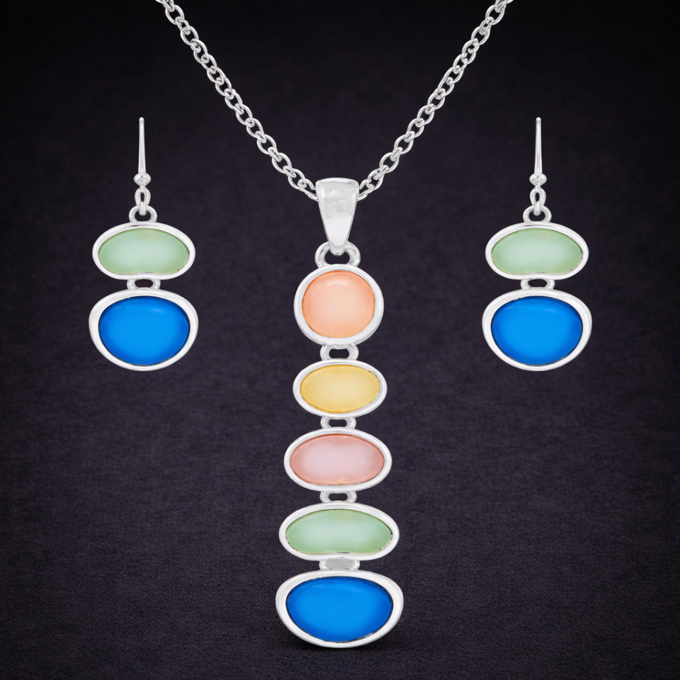 Seaglass link drop pendant necklace set