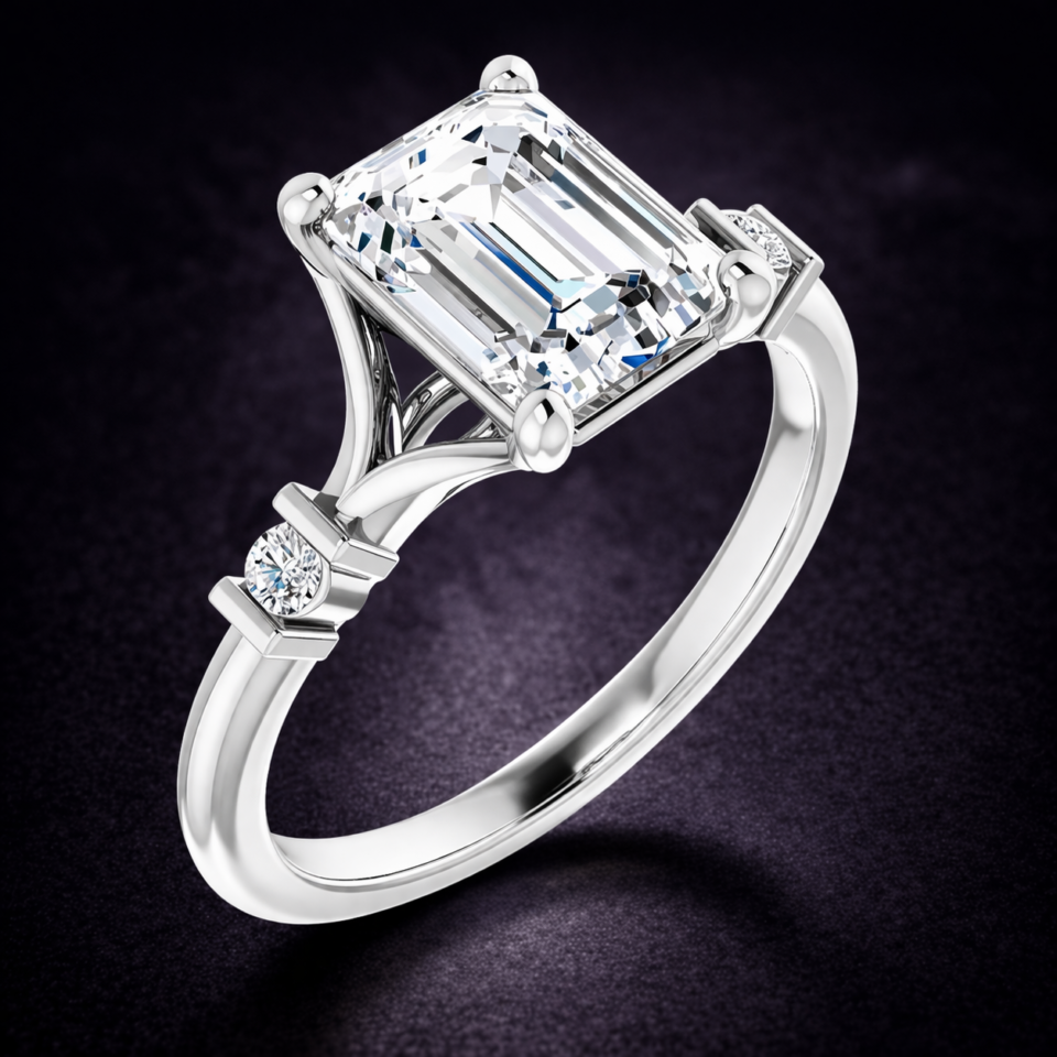 continuum silver moissanite emerald cut ring