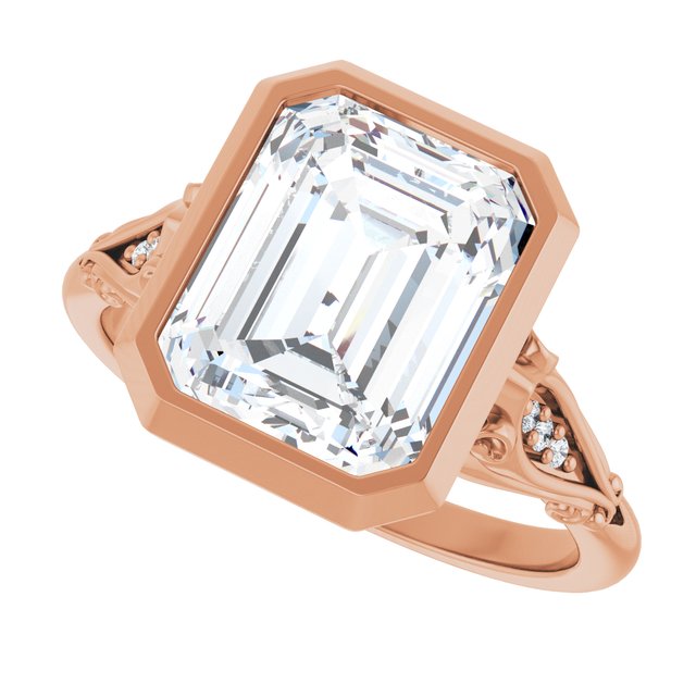 rose gold moissanite ring with bezel and diamond accents