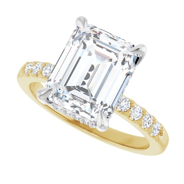 moissanite ring in yellow and white gold with accent diamonds