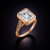 rose gold moissanite ring with bezel and diamond accents
