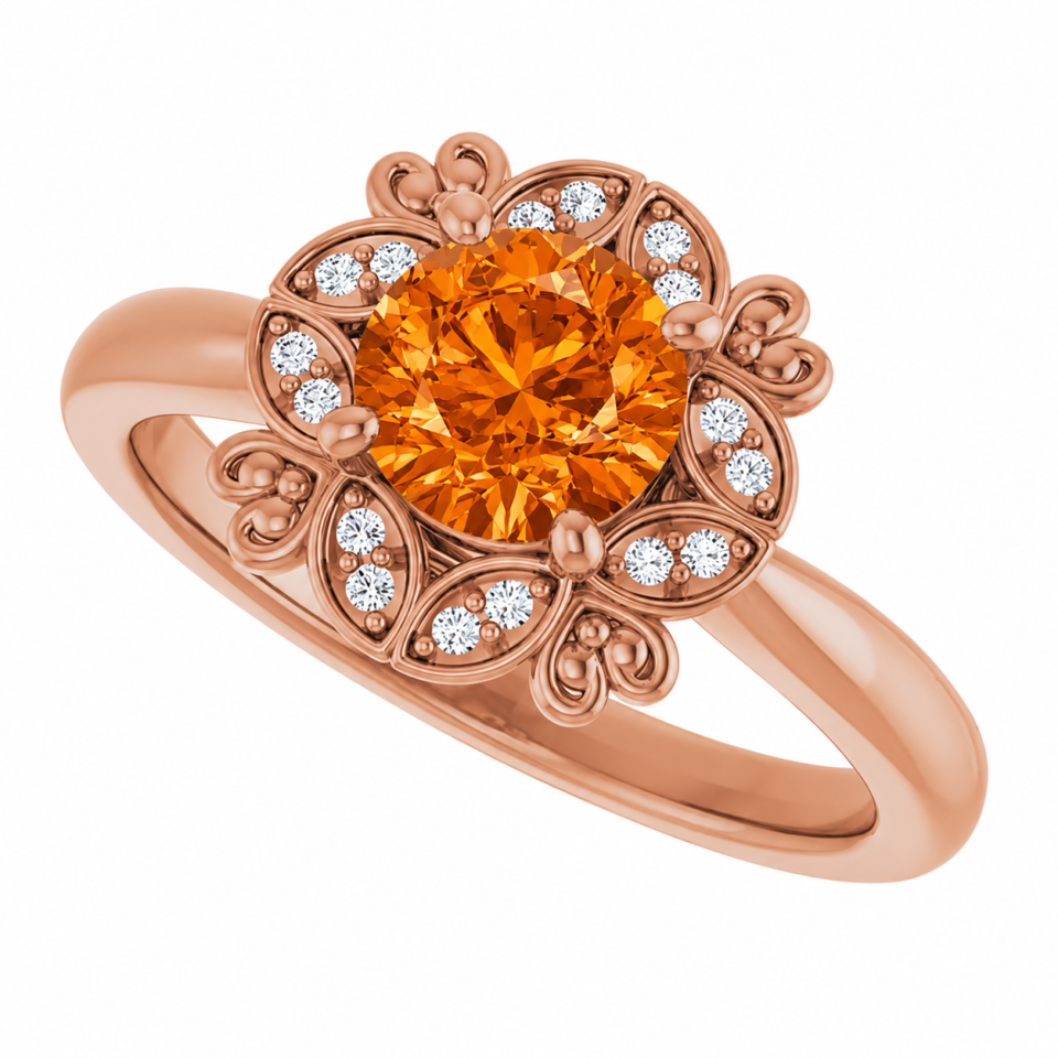 pumpkin spice orange moissanite and diamond ring in rose gold