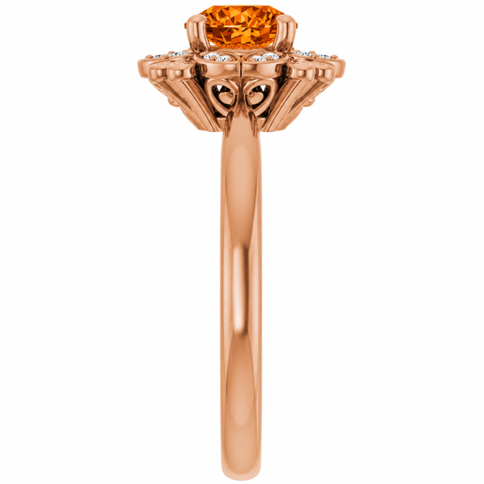pumpkin spice orange moissanite and diamond ring in rose gold