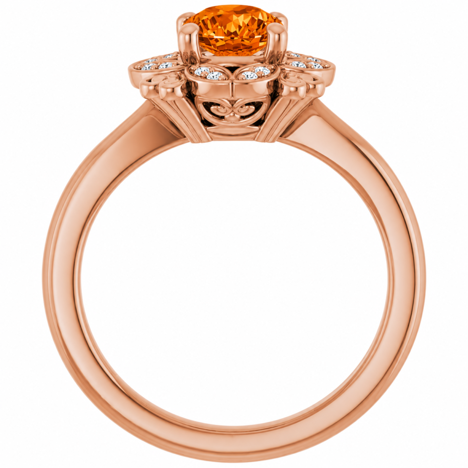 pumpkin spice orange moissanite and diamond ring in rose gold
