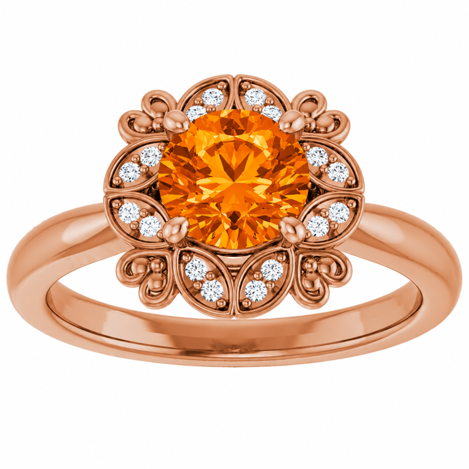 pumpkin spice orange moissanite and diamond ring in rose gold