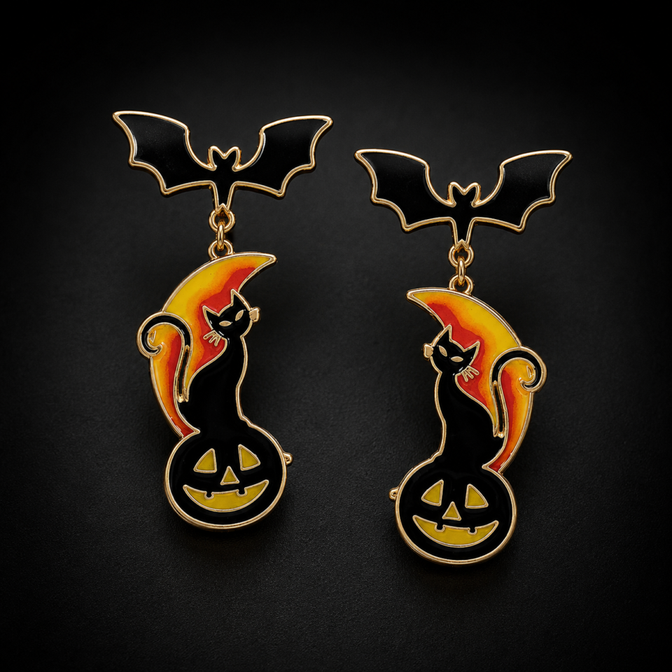 Black Cat Pumpkin & Bat Earrings