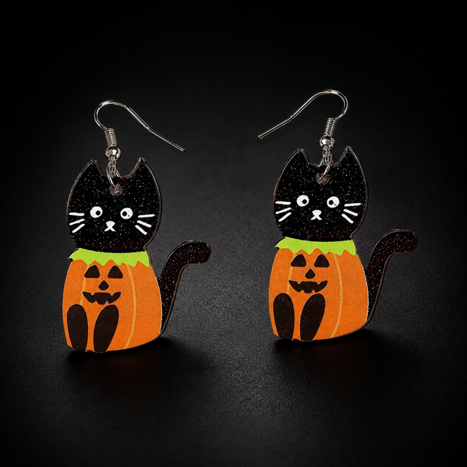 Cute Black Cat & Pumpkin Earrings
