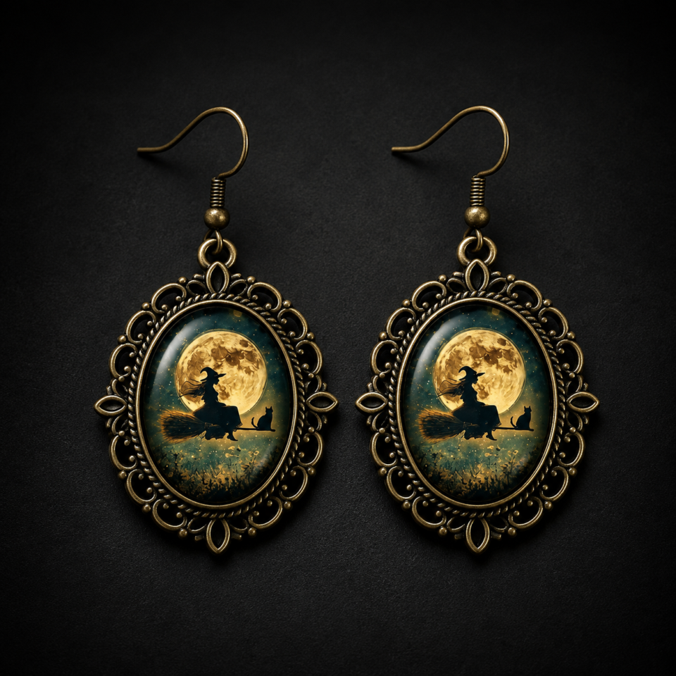 Witch & Black Cat Broom Earrings